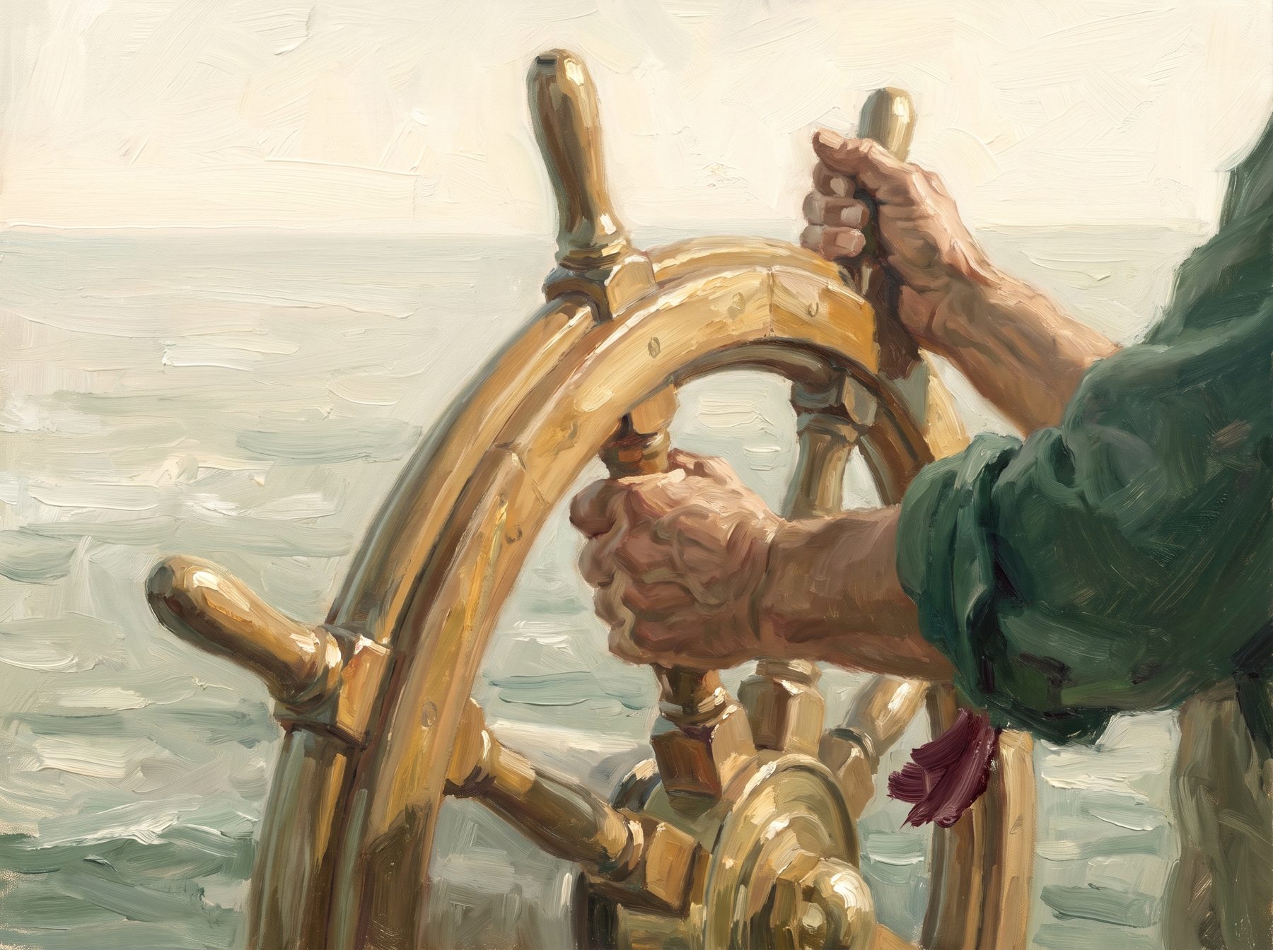 Deux mains à la barre d'un navire, peinture à l'huile