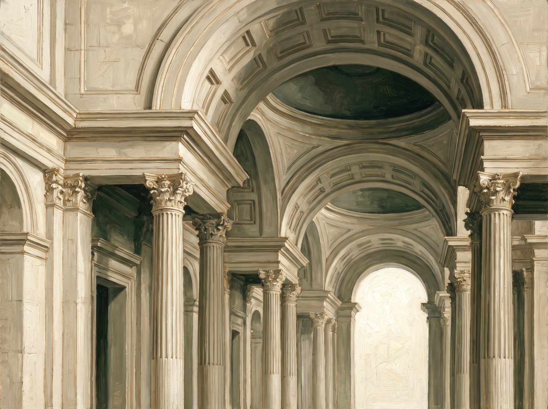 Arcade de pierre, colonnes et voûtes, peinture à l'huile