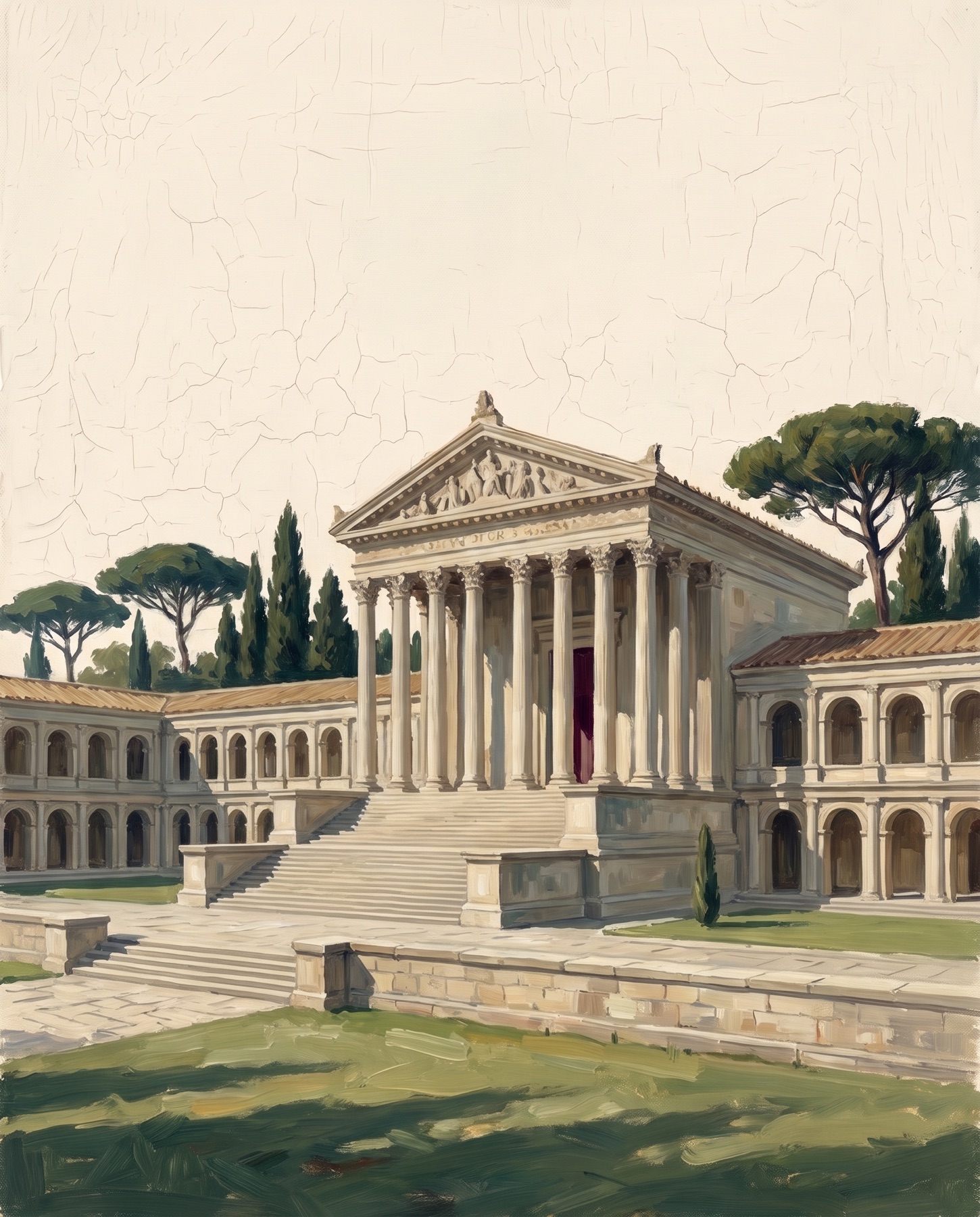 Un grand forum romain, colonnades et arcades sur une colline, peinture à l'huile