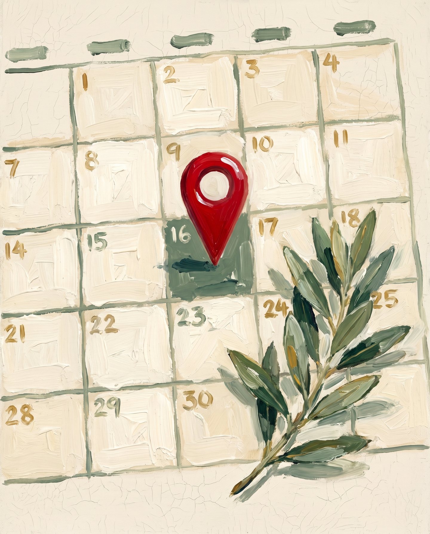 Un agenda peint, une épingle rouge plantée sur une date