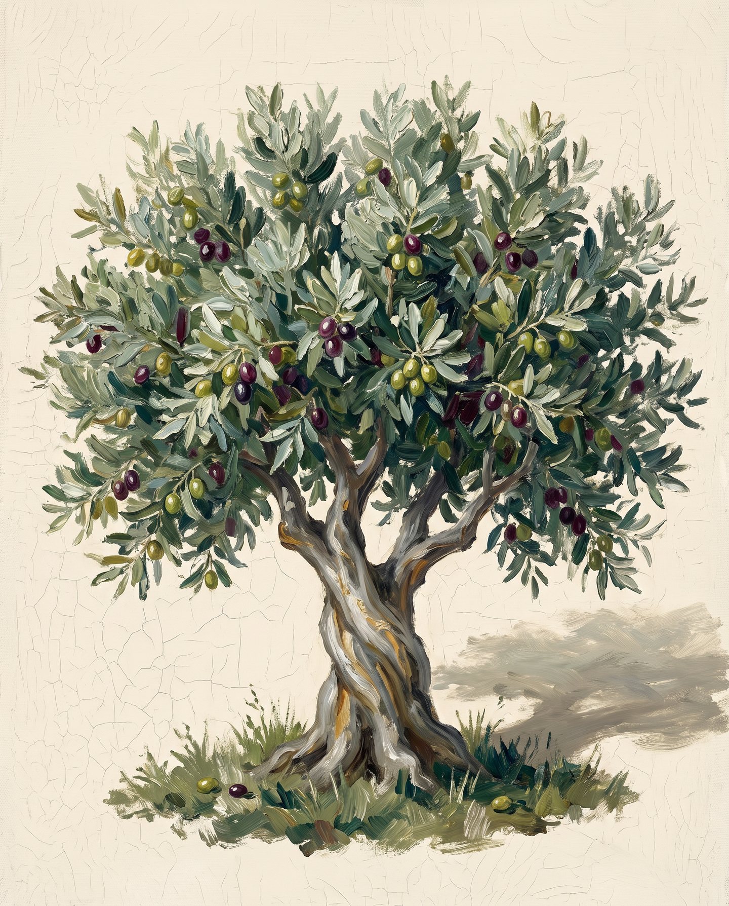 Un olivier chargé d'olives, peinture à l'huile