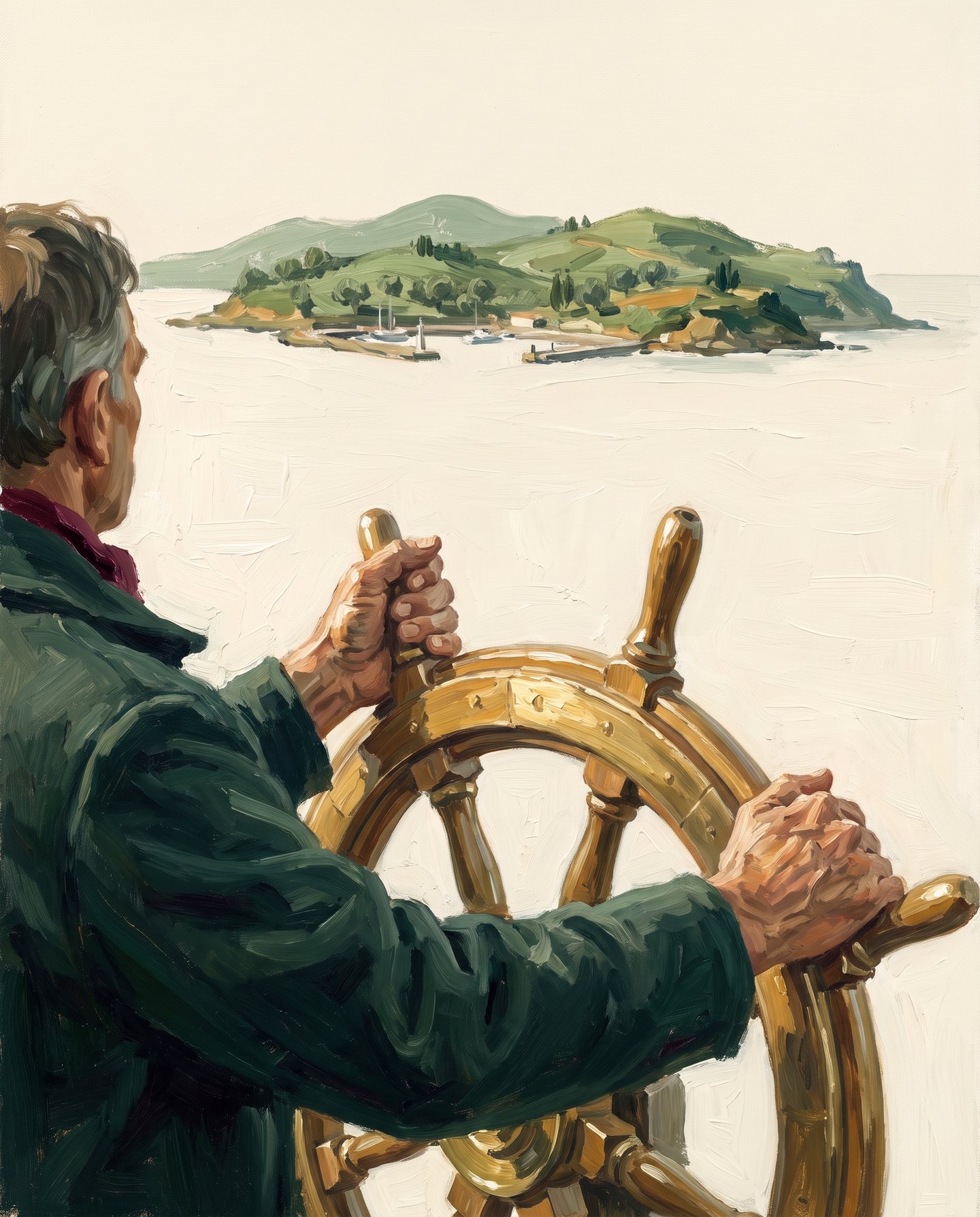 Un capitaine tourne la barre, cap sur une île verte, peinture à l'huile