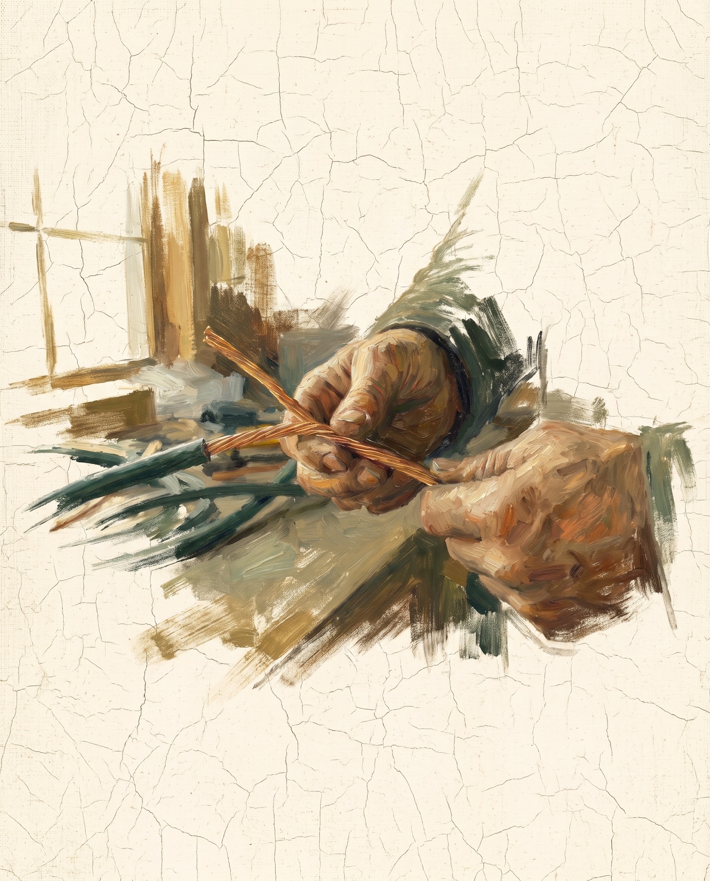 Mains d'un électricien torsadant du cuivre, peinture à l'huile