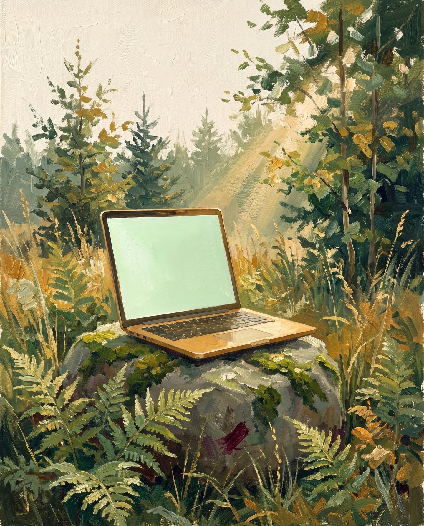 Un ordinateur portable ouvert sur une pierre moussue, en pleine nature, peinture à l'huile