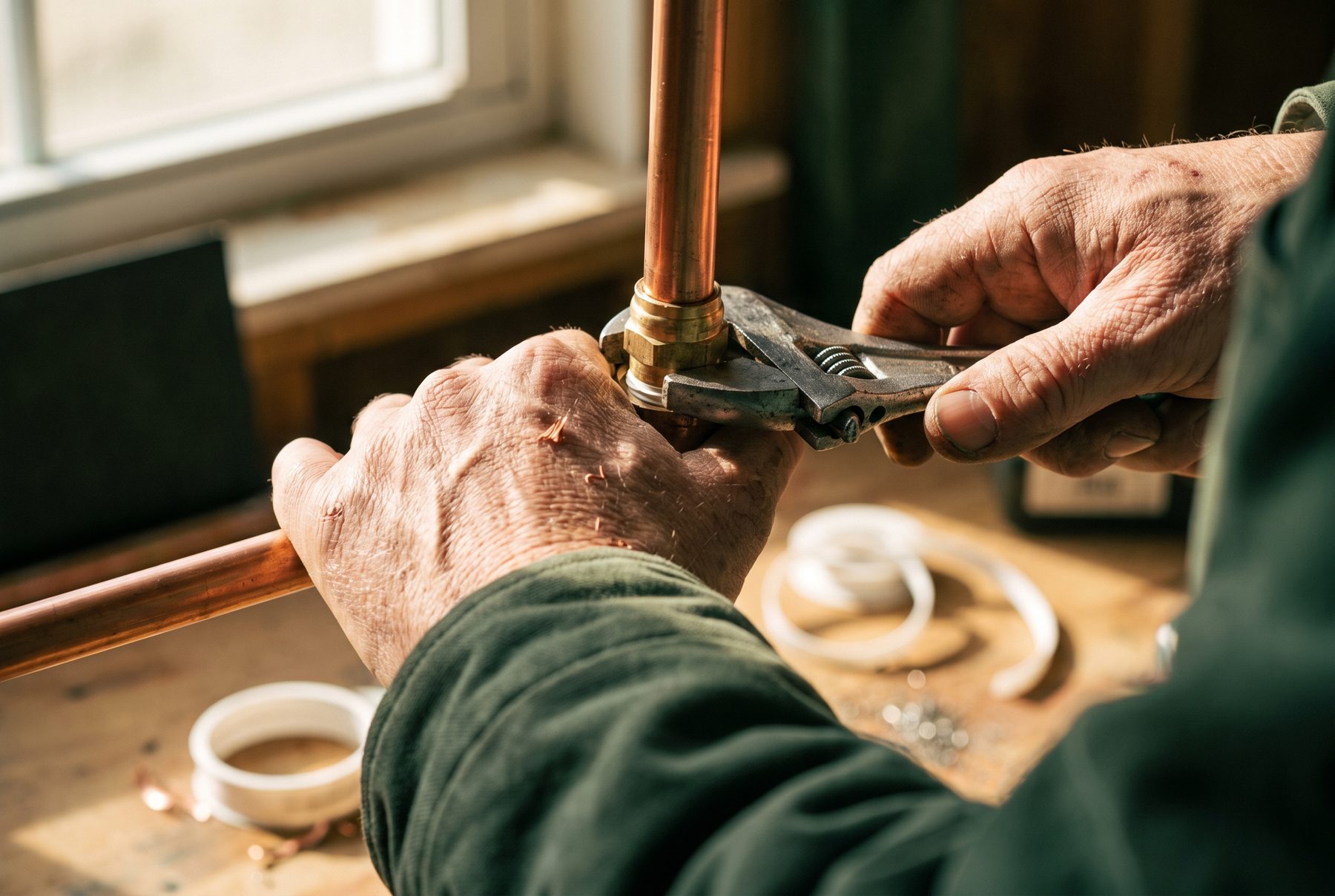 Mains d'un plombier au travail sur du cuivre