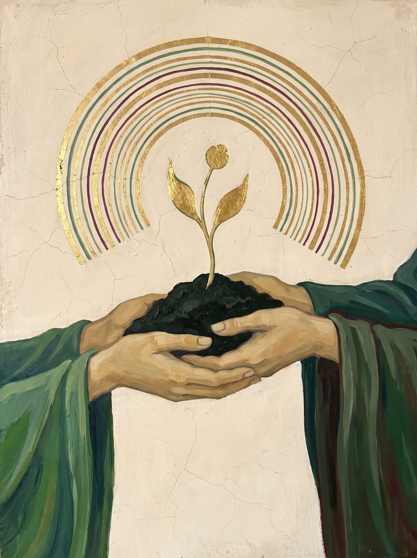 Mains offrant une jeune pousse, peinture à la feuille d'or